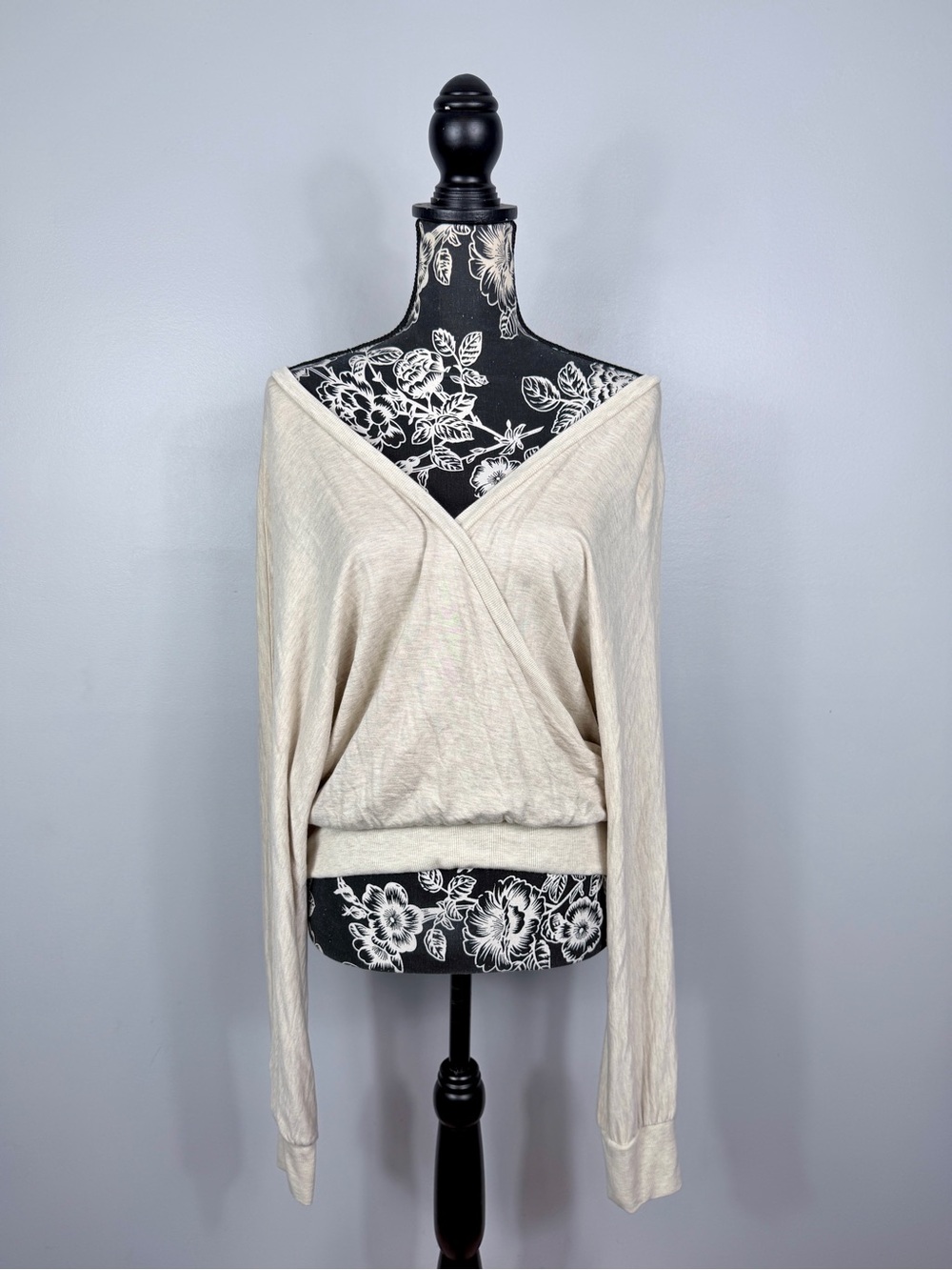 Express cream open back long sleeve faux wrap long sleeve top size large